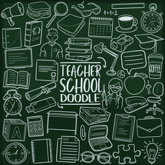 Teacher School Chalkboard Doodle Icons. Sketch Hand Made Design Vector Art.