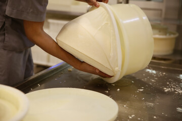 Worker taking fresh cheese from mould at modern factory, closeup
