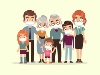 Family quarantined. Parents, grandparents and kids in medical masks protection against virus, stop spread of viruses flu and coronavirus, beware epidemic cartoon vector illustration