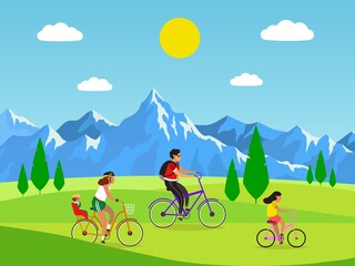 Family cycling. Active mom dad and kids riding bikes in mountains, outdoor activities or walking in park, healthy lifestyle concept. Flat vector cartoon isolated illustration
