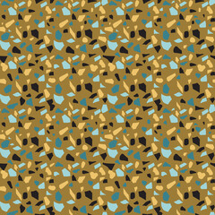 Seamless abstract mosaic pattern imitating Venetian terrazzo flooring. Figured fragments of yellow, black, blue, khaki background.