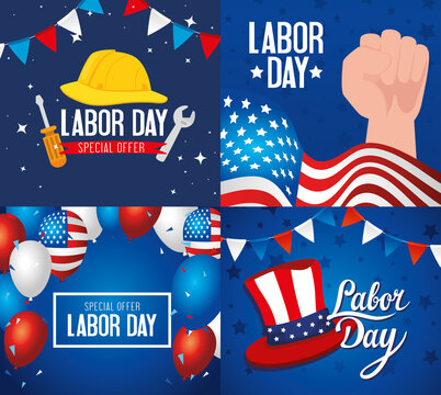set of happy labor day holiday banners with decoration vector illustration design