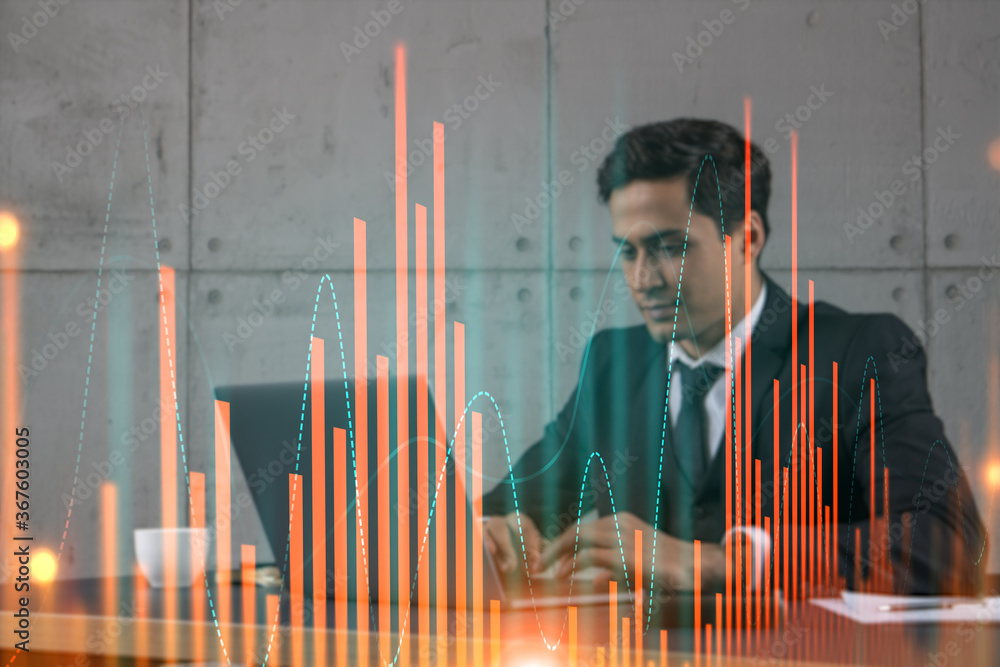 Poster businessman in office working with laptop technology forex online trading graph and chart, typing co