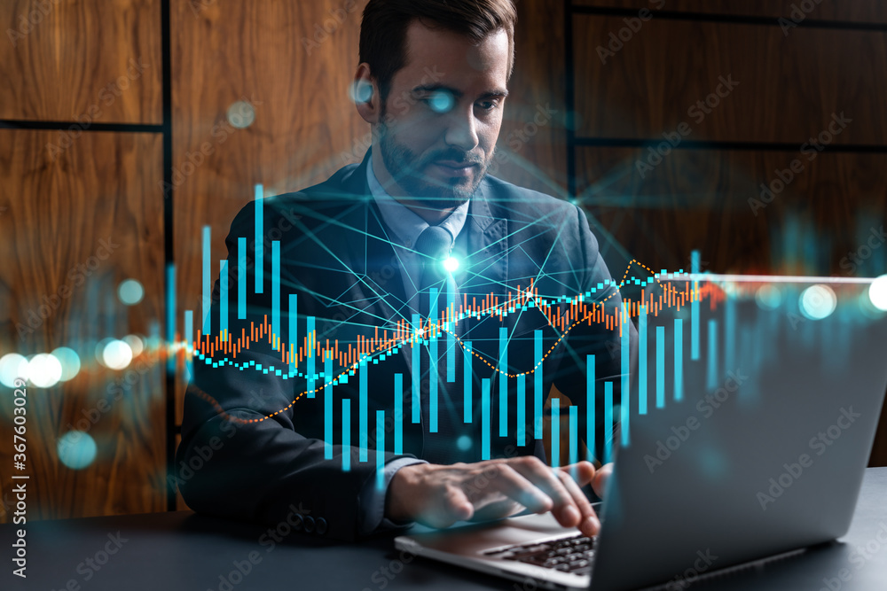 Poster businessman in office working with laptop technology forex online trading graph and chart, typing co
