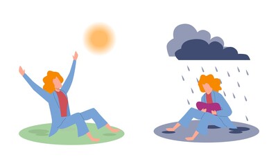 Joy and sadness. Sad woman under raining clouds and happy woman under sun, negative and positive emotions before and after psychotherapy concept, cartoon flat vector isolated illustration