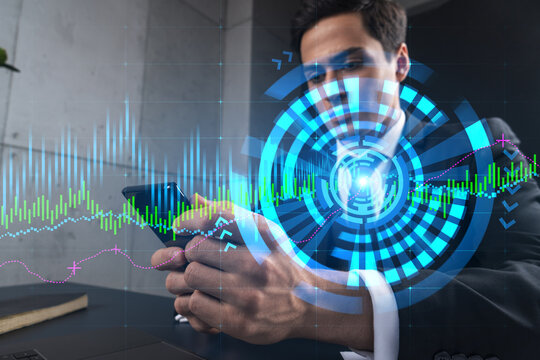 Analyst in office working with Smartphone, Data forecast graph hologram to analyze market behavior, typing phone. Double exposure.