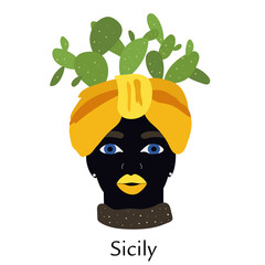 Traditional sicilian vase with moor head and cacti. Moorish, woman face. Italy, Sicily. Vector illustration of sicilian symbol, souvenir. Postcard, print design. Sicily style. Black and yellow