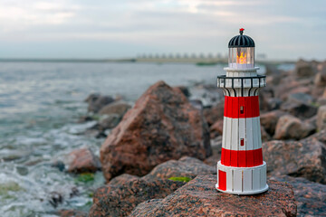 Model of the lighthouse with lighted electric candles on the stone