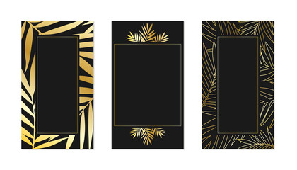 Set of golden metallic palm leaves dark background invitation vector