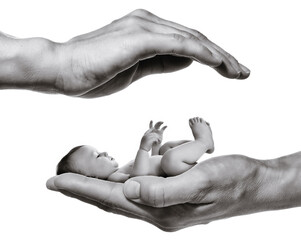 Concept of child care. Baby in mother palm on white isolated background.