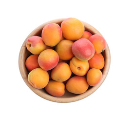Delicious ripe apricots in wooden bowl isolated on white, top view