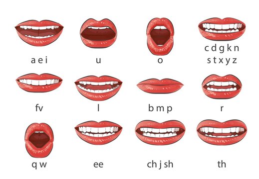 Mouth Sync. Talking Lips For Cartoon Character Phonemes Animation And English Language Text Pronunciation Sound Signs. Vector Set