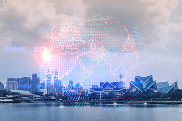 World planet Earth map hologram over panorama city view of Kuala Lumpur, Malaysia, Asia. The concept of international connections and business. Multi Exposure.