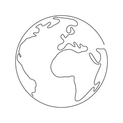 Outline hand drawn Earth. Planet Earth icon. Vector Illustration. Globe isolated on white background. Planet for logo, cards, banners. Earth globe, one line drawing of world map