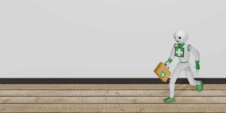 Roboter rennt mit Erste Hilfe Tasche über Holzboden.