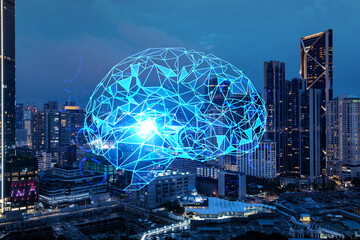 Human brain hologram, aerial panoramic city view of Kuala Lumpur at night. KL is the educational cluster in Malaysia, Asia. The concept of artificial intelligence. Double exposure.