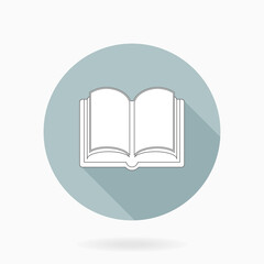 Fine white book icon in the circle. Flat design and long shadow