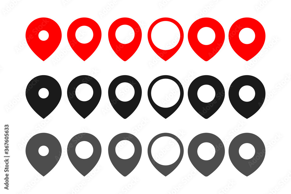 Poster vector illustration of location pin icon set. set of map point symbols flat icon with red , black an