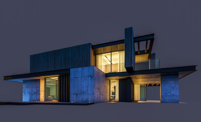 3d rendering of modern cozy house with parking and pool for sale or rent with wood plank facade in evening. Isolated on black