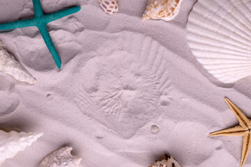 Starfish and seashells on dune sand. Top view Vacation background.