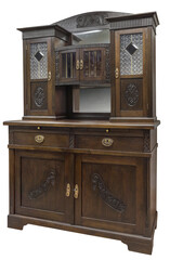 Old vintage cupboard with stained glass. Old wooden cabinet isolated on white background