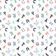 Hand drawn seamless pattern ABC latin alphabet. Cute english typographic font, letters in scandinavian style, colorful doodle sketch vector illustration. Educational lettering set with dots and lines