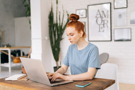 Concentrated Redhead Young Woman Is Working On Modern Laptop Computer Looking On Display Screen Of Monitor At Home Office. Concept Of Remote Work From Home In Self Isolation.