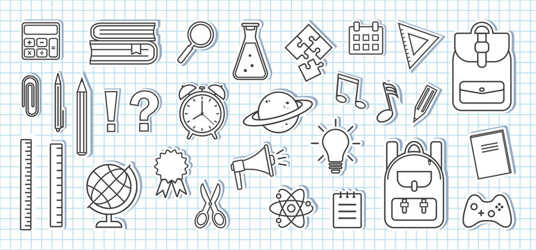 School supplies icons. Paper stickers on sheet of school checkered notebook. Black and white design. Vector illustration