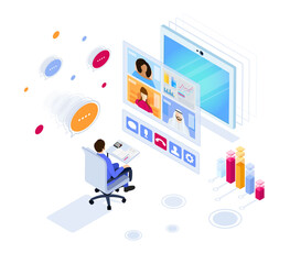 Isometric design. Vector illustration. Concept 3d, 2d graphics. Video chat. Online remote work form home. Digital video conference. Global communication. Online business meeting. Web infographics.