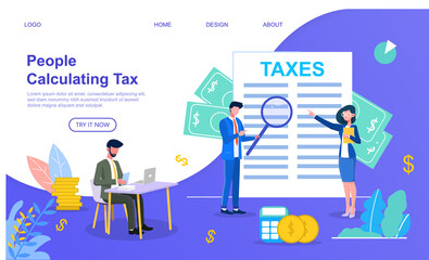 Modern vector illustration of two businessmen and businesswoman in glasses calculating taxes with big tax document on a background. Financial concept.