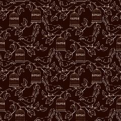 seamless pattern, in monochrome colors, bird on a branch, cage, ornament for wallpaper and fabric, wrapping paper
