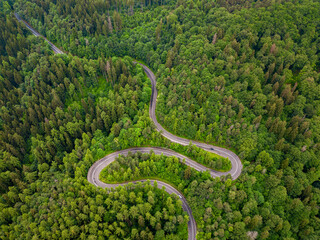 Tarmac road seen from above. Aerial view of an extreme winding road through middle of the forest