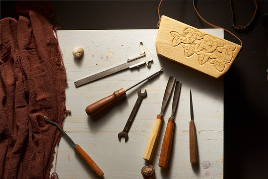 Old Hand Tools Tools On Wooden Background For A Mechanic Or Handyman
