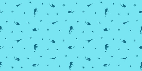 Vector seamless pattern with  mermaids and narwhals. Blue fantastic creatures silhouette illustration, repeating undersea endless background