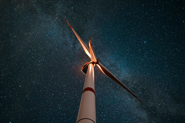 Wind turbine in the night at the stars background. Environment and renewable energy - obrazy, fototapety, plakaty