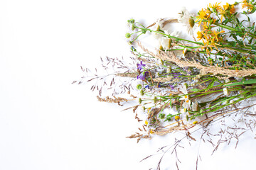 A Bouquet of summer wildflowers and grass on the white background concept floral frame. Copy space