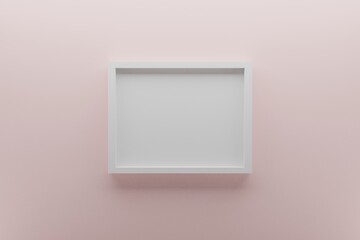 front view of empty picture frame on wall, light rose quartz wall background with modern minimal concept of displaying exhibition, 3D render