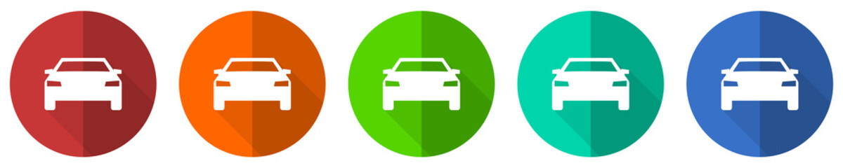 Auto icon set, transport, transportation, car, red, blue, green and orange flat design web buttons isolated on white background, vector illustration