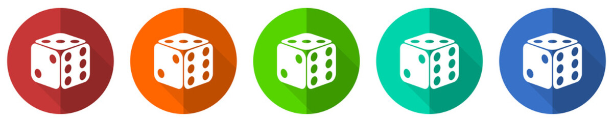 Dice, game, casino icon set, red, blue, green and orange flat design web buttons isolated on white background, vector illustration