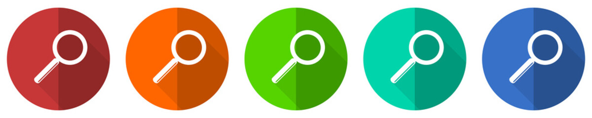 Search icon set, red, blue, green and orange flat design web buttons isolated on white background, vector illustration