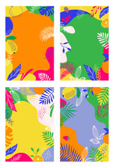 Set modern artistic cards design template. Abstract background designs with tropical leaves and fruit . Colorful trendy shapes.Vector illustration.