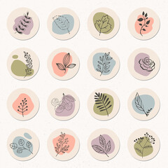 Botanical icons set.Vector hand drawn wild flower.Instagram highlight covers.