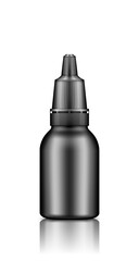Black plastic drop bottle with cap mockup. Blank medicine or cosmetic package for nose, ear or eye drops. Product container template. Isolated 3d vector illustration