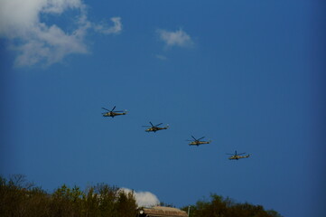 military helicopter in flight