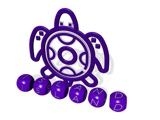 3D graphical image of island vertically along with text built by metallic cubic letters from the top perspective, excellent for the concept presentation and slideshows. beach and blue