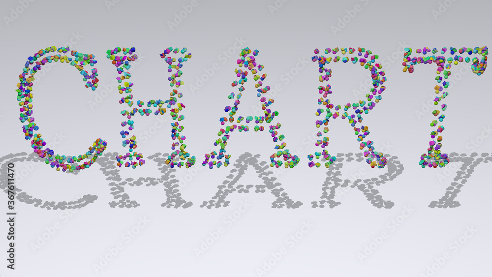 Aufkleber colorful 3d writting of chart text with small objects over a white background and matching shadow. i