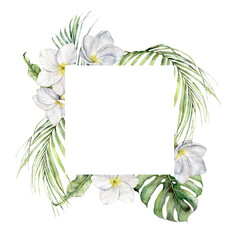 Watercolor jungle frame with plumeria and palm leaves. Hand painted tropical flowers and jungle greenery isolated on white background. Frangipani. Floral illustration for design, print or background.