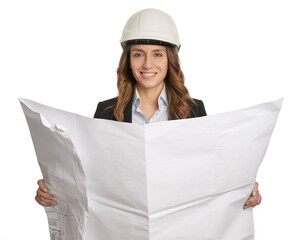 Beautiful engineer architect with white helmet and suit, opening an architect project, smiling straight, isolated in white background