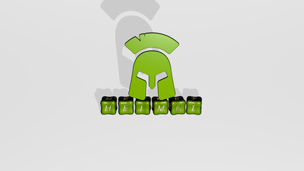 3D graphical image of helmet vertically along with text built by metallic cubic letters from the top perspective, excellent for the concept presentation and slideshows. illustration and background