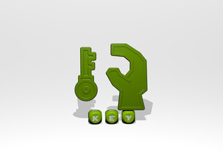 3D graphical image of key vertically along with text built by metallic cubic letters from the top perspective, excellent for the concept presentation and slideshows. background and illustration